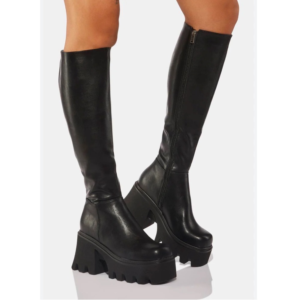 Black Knee High Boots with Chunky Platform Sole- Vegan Leather